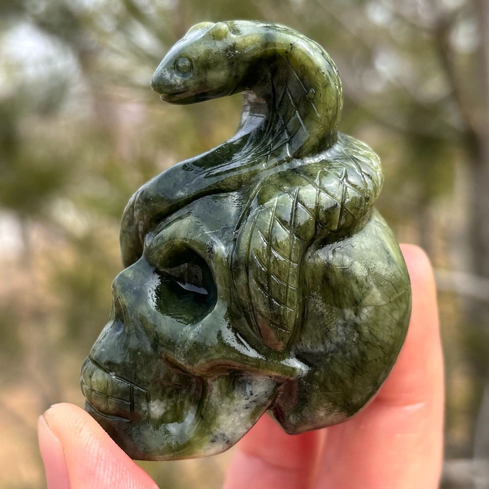 Natural Serpentine Quartz Snake Skull Carved Skull Crystal Healing Decor 1pc