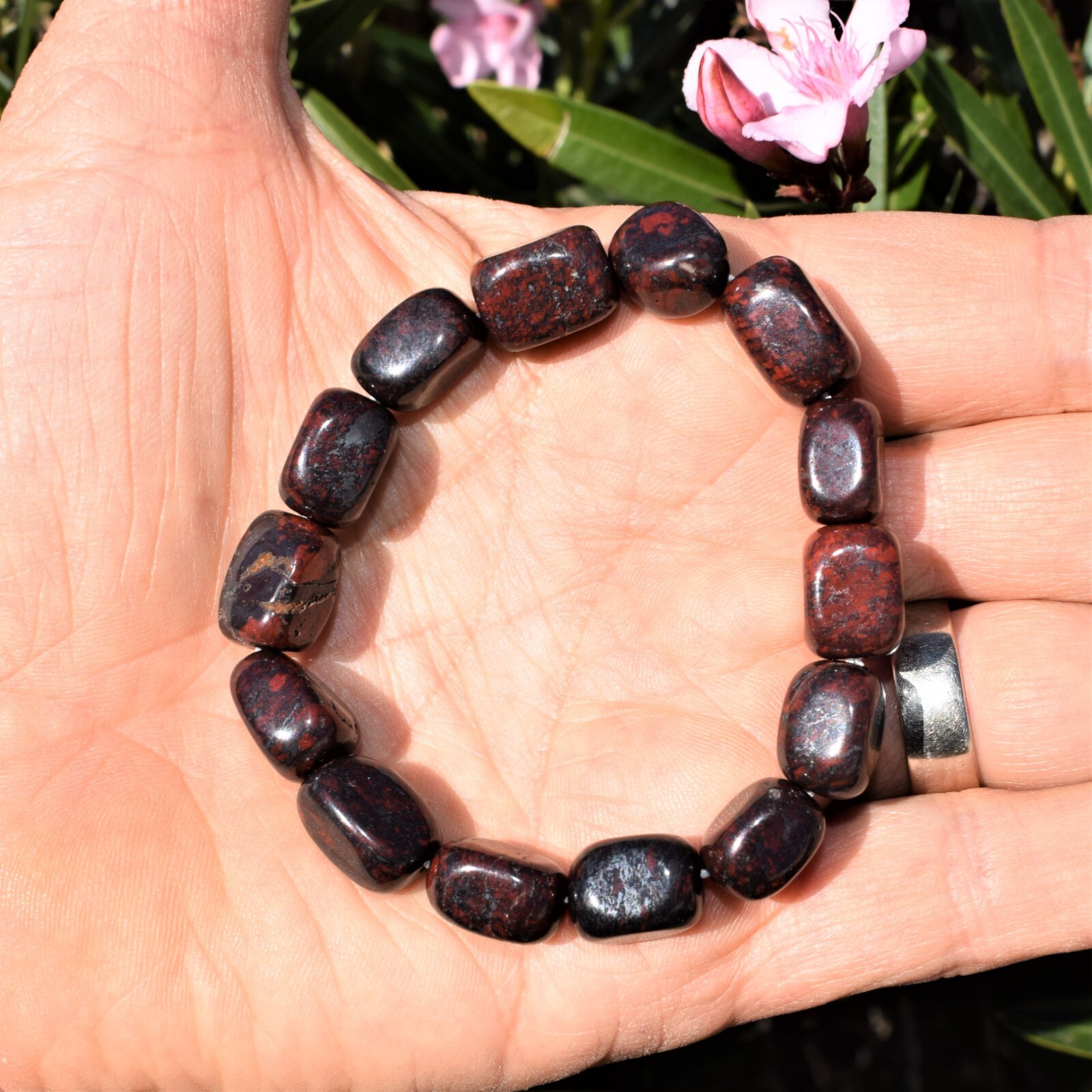 CHARGED Dark Red Brecciated Jasper Stretchy Bracelet + Baby Selenite Puffy Heart