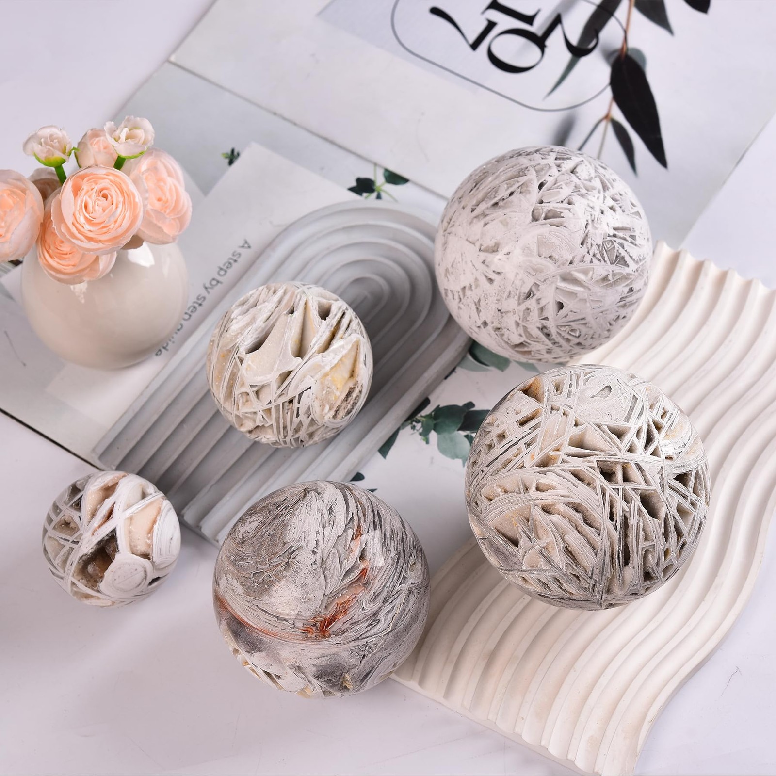 JIC Gem Mexican White Agate Crystal Sphere Ball with Wooden Stand 90-100mm