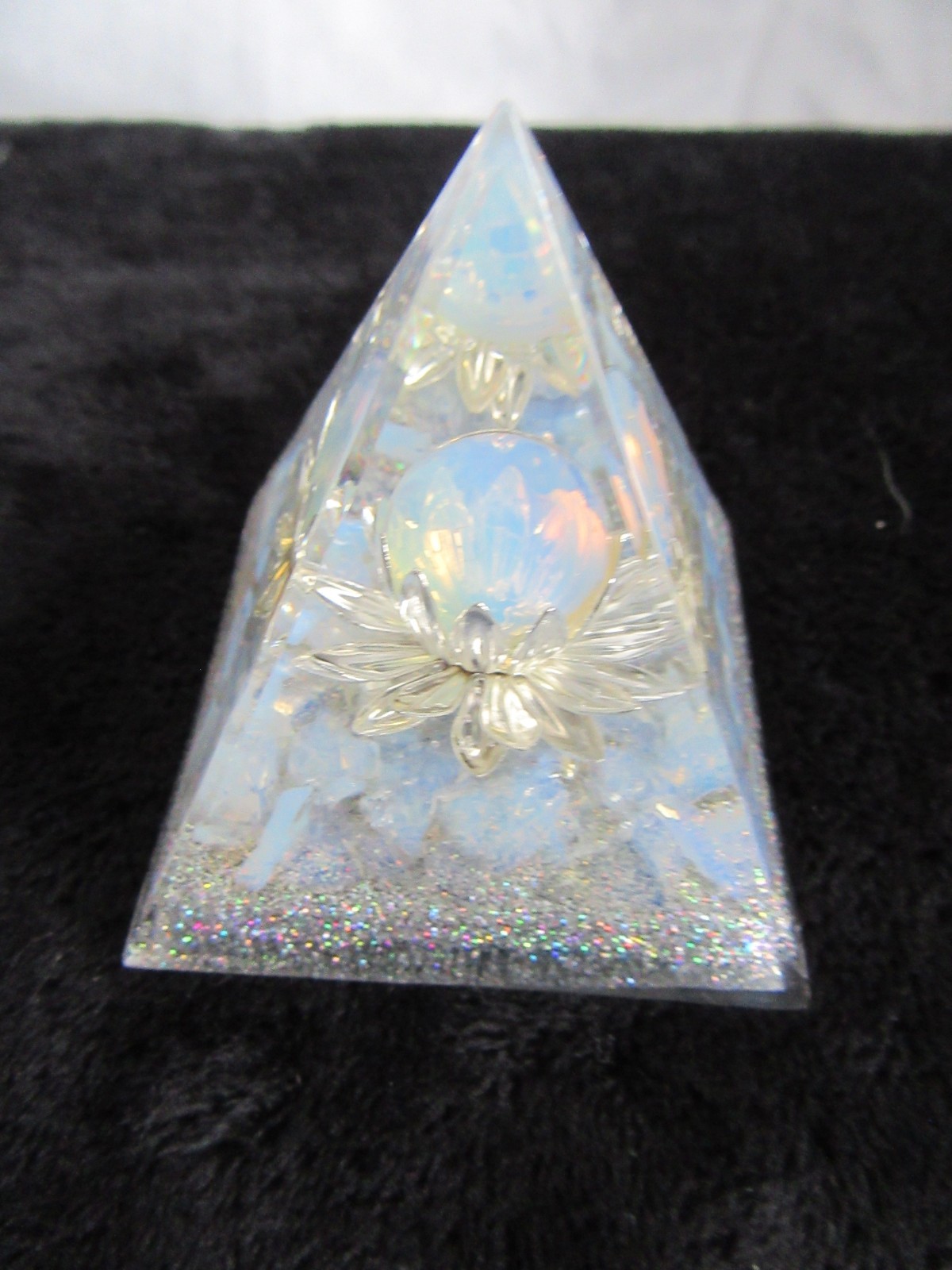 Orgone Pyramid (2) white w/color cntr & 1 white pearl cntr 1 color lighted base.