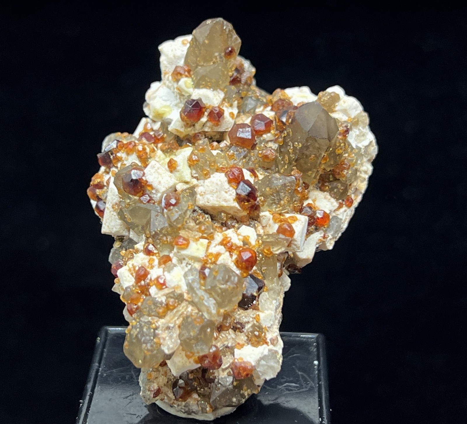 49mm Spessartine Garnet w/ Smoky Quartz on Feldspar, Natural Mineral Specimen