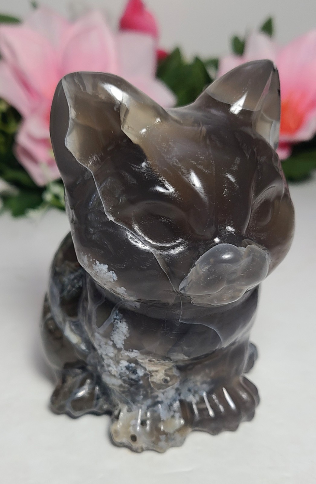 Large 4″ 554g UV Reactive Volcano Agate Cat Kitten Stone Crystal Carving Statue