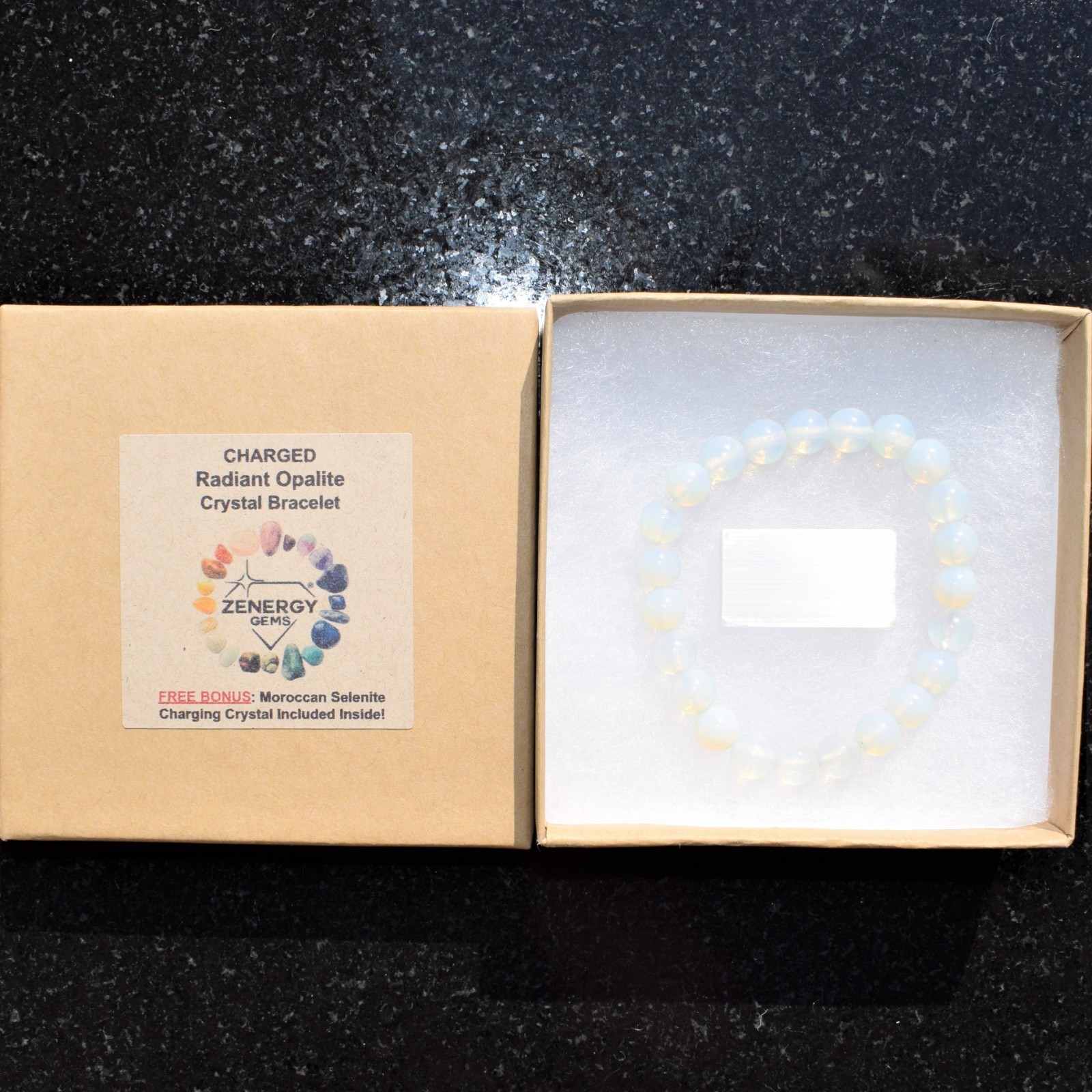 CHARGED Radiant Opalite Crystal 8mm Stretchy Bracelet + Baby Selenite Heart