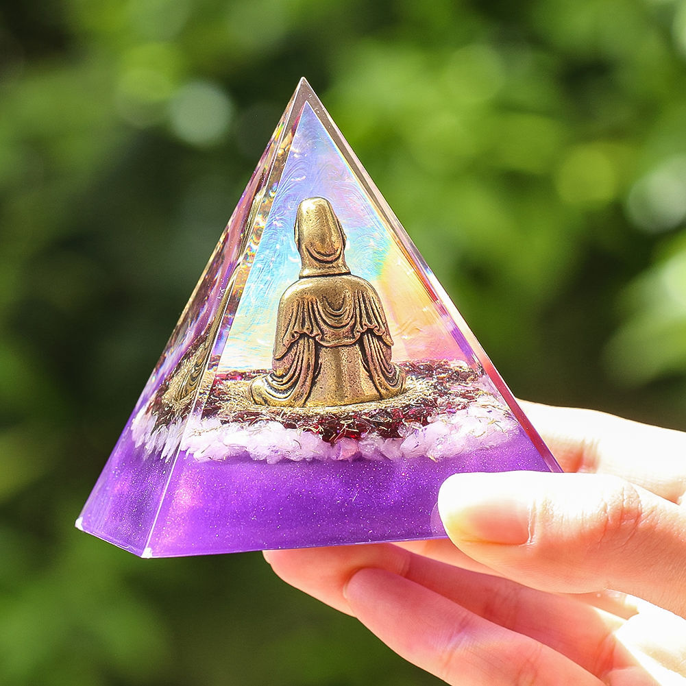 8cm Amethyst Pyramid Resin Statue Guanyin Copper Figurine Home Desk Ornament
