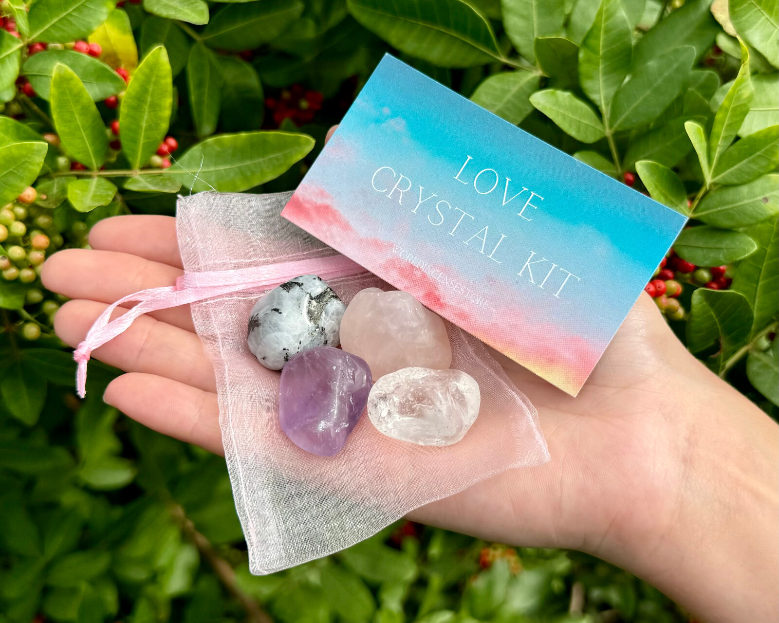 Love Crystal Kit, 4 pcs In Pouch – Amethyst, Angelite, Quartz, Rainbow Moonstone