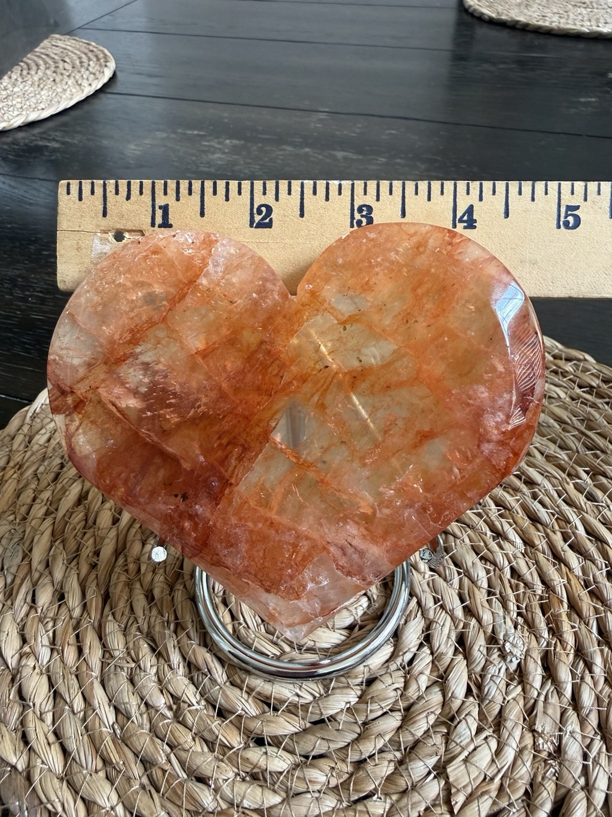 11.8oz Polished Fire Quartz Hematoid Crystal Heart Large Red Clear On Stand