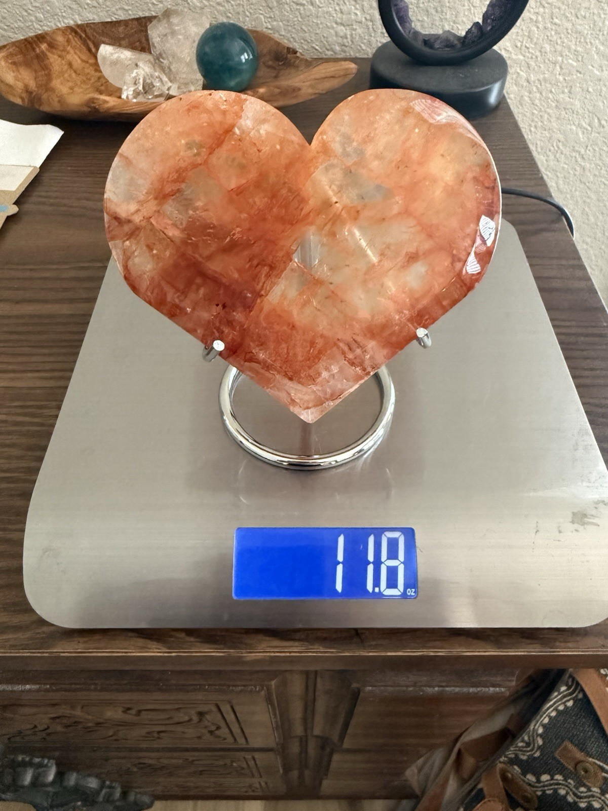 11.8oz Polished Fire Quartz Hematoid Crystal Heart Large Red Clear On Stand