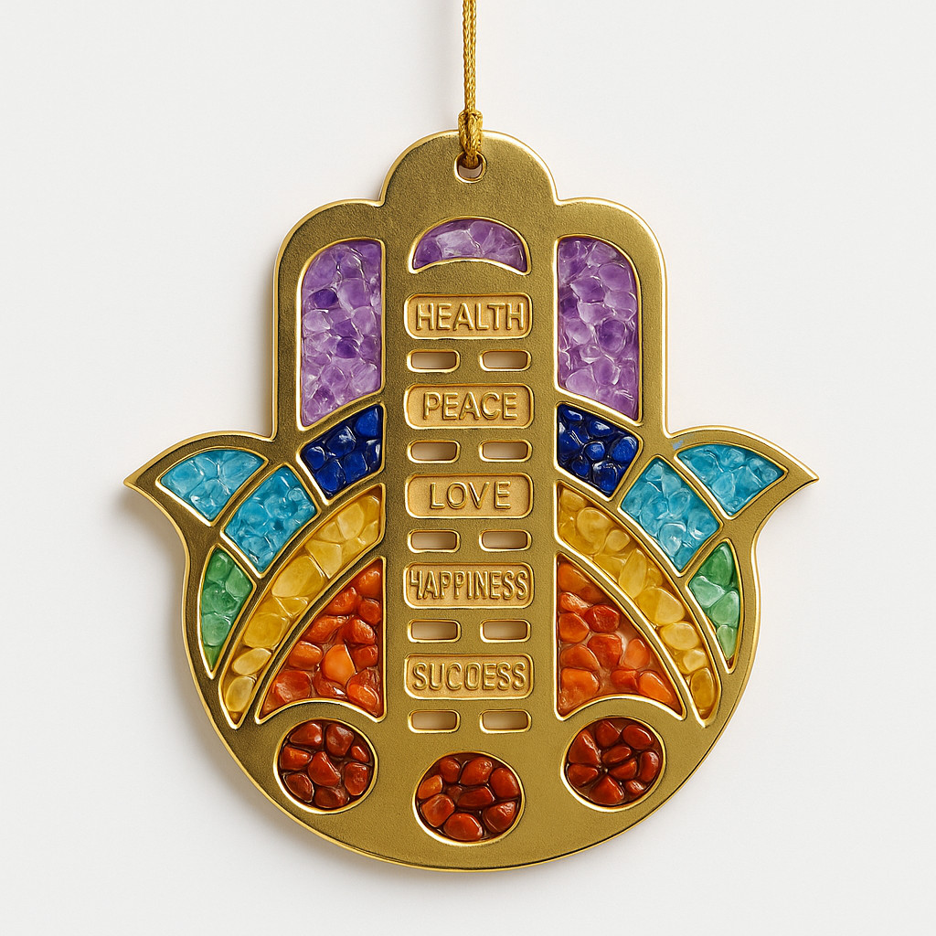 Natural Gold Hamsa Hand Wall Decor, 7 Chakra Stones, Feng Shui Charm