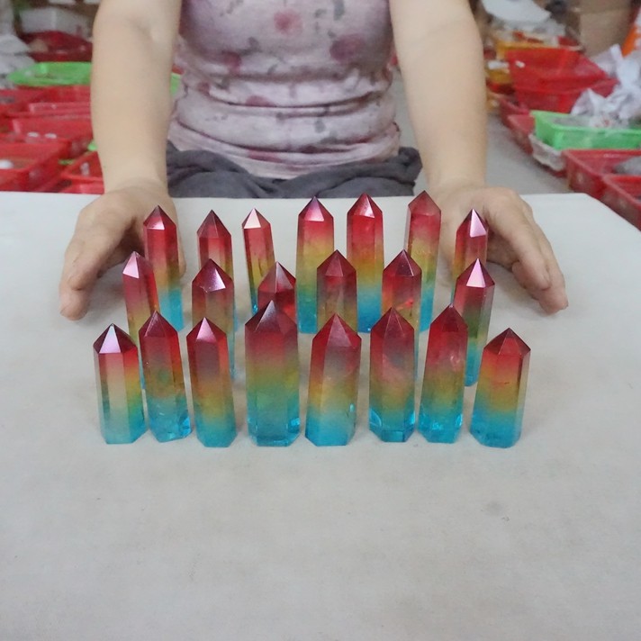 21Pcs 1KG Aqua Aura Rainbow Quartz Crystal Point Tower Titanium Coating Healing