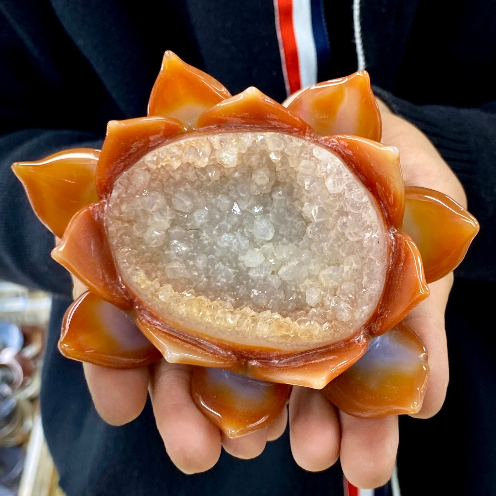 377G Natural Agate Geode Carved Lotus Flower, Hand Carved Healing Crystal Home