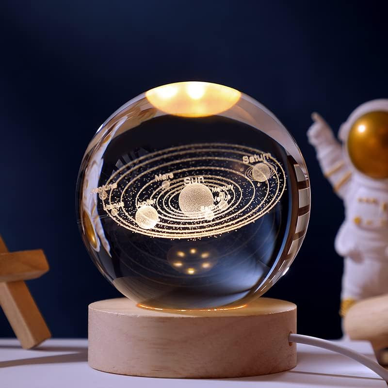 Glowing Crystal Ball Light with Wood Base, 3D Inner Carved Small Crystal Ball, D