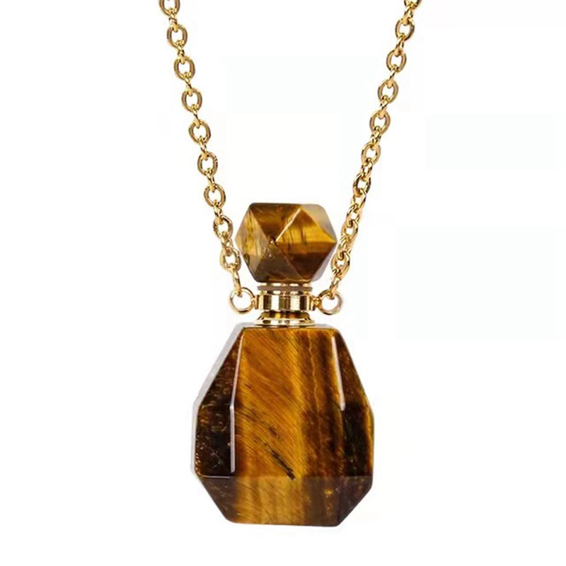 Natural Tiger’s Eye Gem Quartz Crystal Perfume Bottle Pendant Healing Necklace
