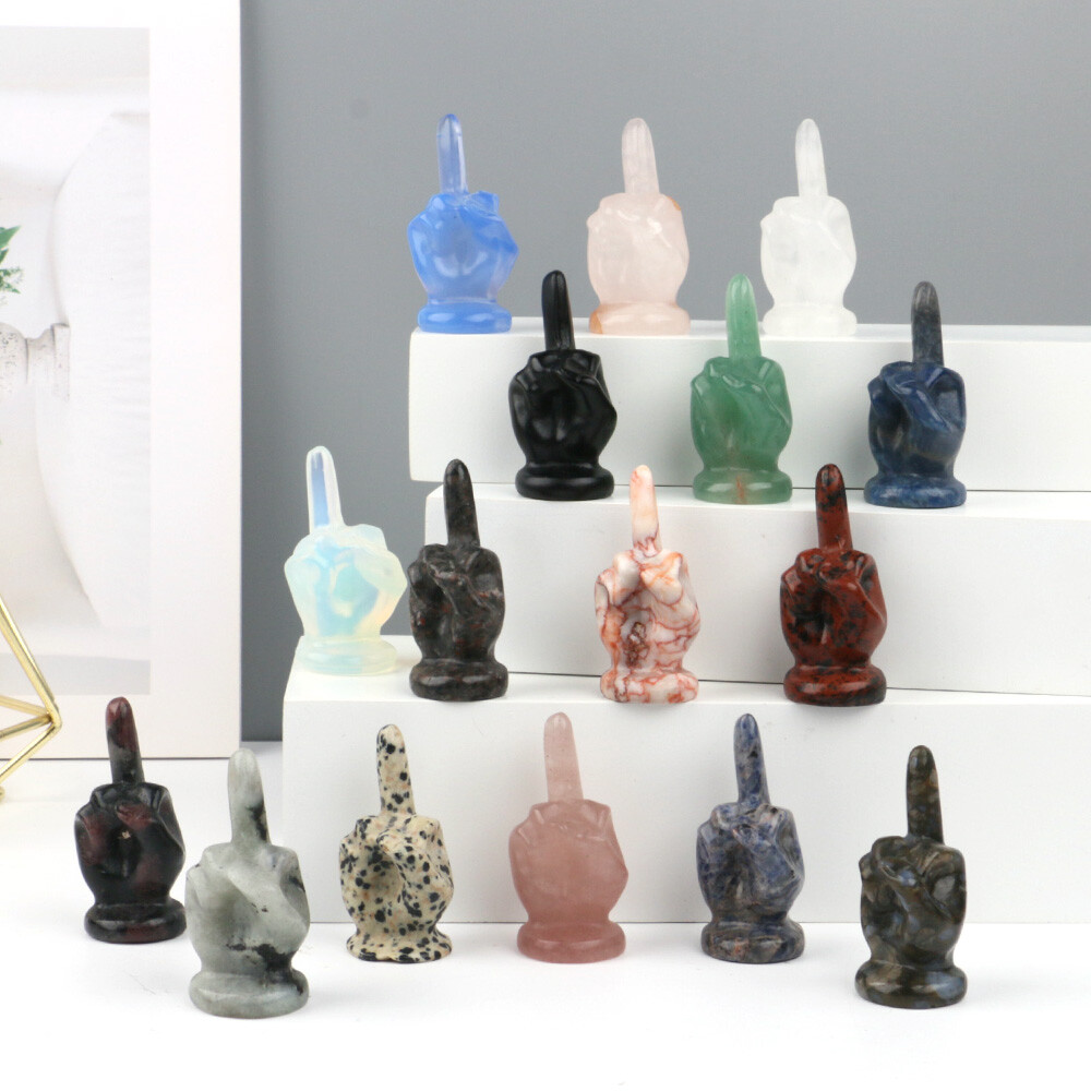 2″ Natural Hand Middle Finger Crystals Carved Statue Stones Tricky Figurine Toys