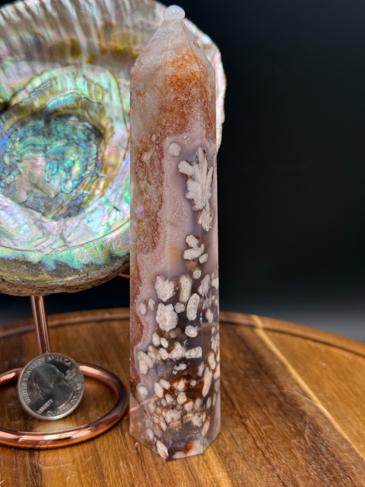 Blue Flower Agate Crystal Tower B Flash Asterism Chalcedony 6 sided Obelisk