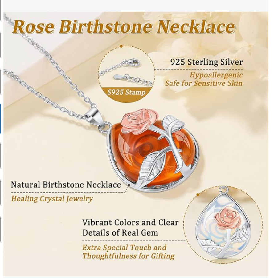 Suplight 925 Silver Birthstone Necklace Rose Flower Heart Crystal Pendant NEW NE