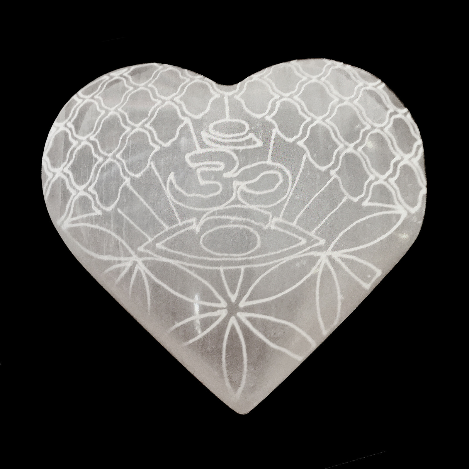 Polished Selenite Heart Crystal Engraved Om Mandala Lotus Carved Gemstone Love