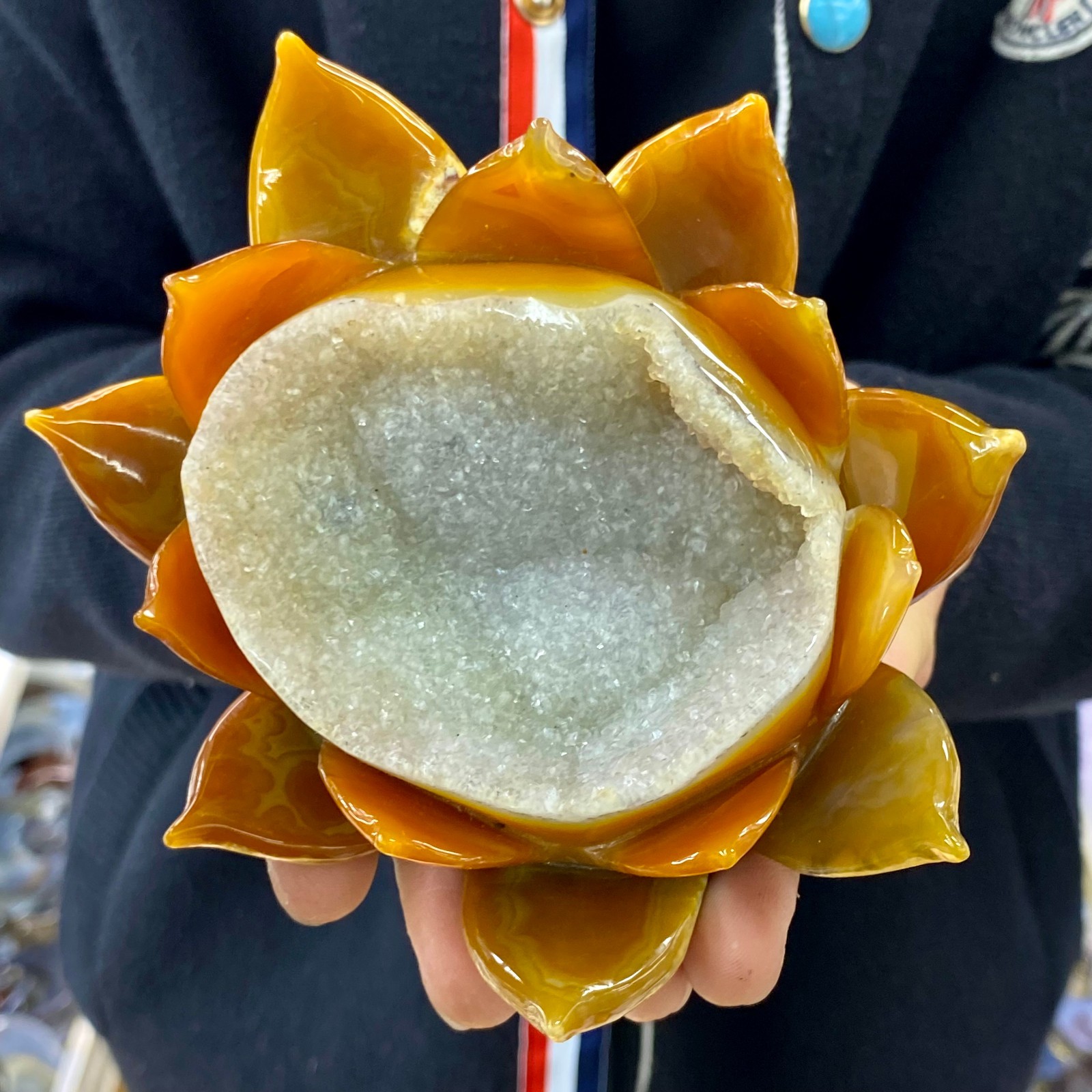 1.19LB Natural Agate Geode Carved Lotus Flower, Hand Carved Healing Crystal Home
