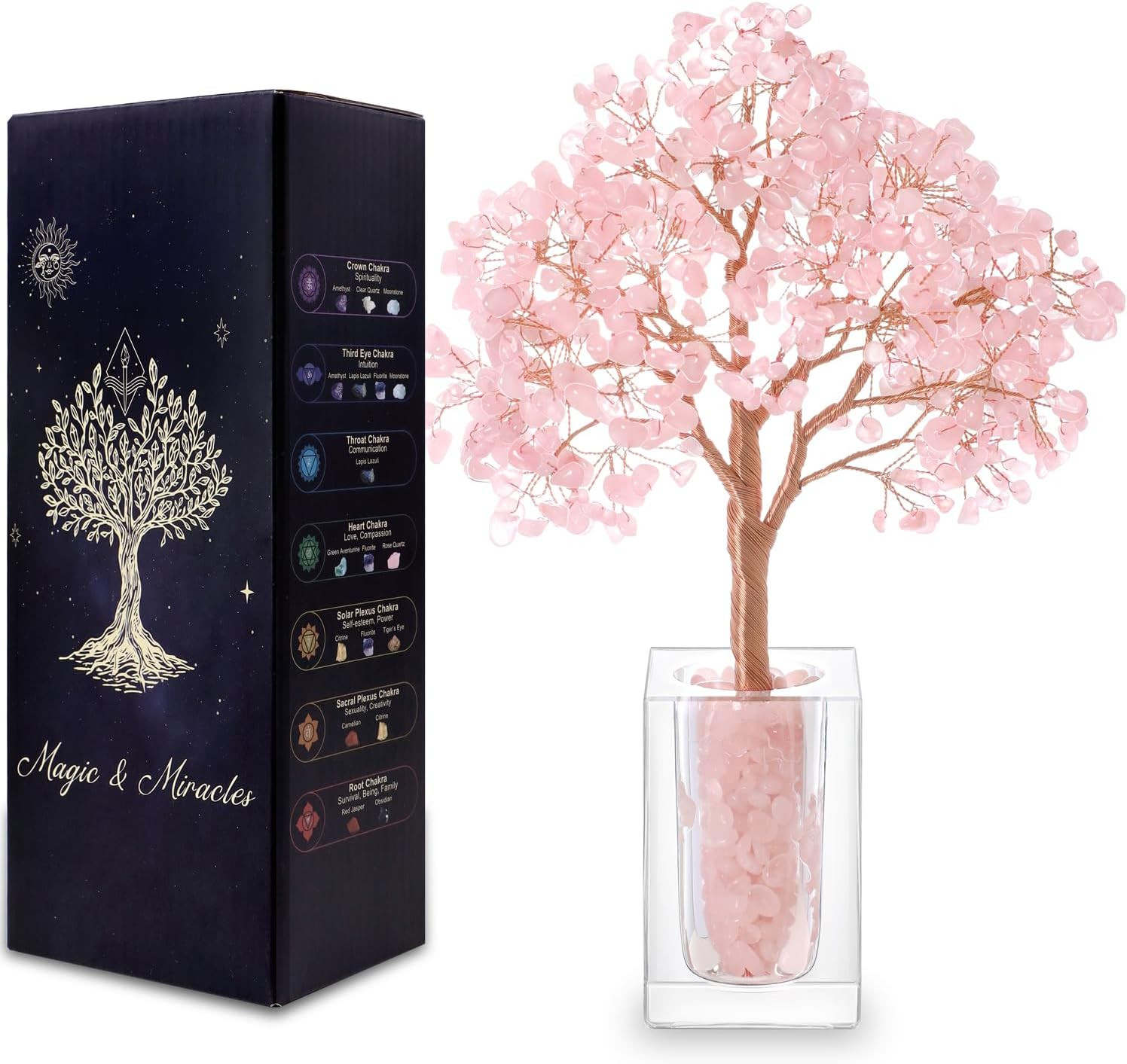 Rose Quartz Crystal Trees of Life for Home Office Desk Deco, Pink Bonsai Tree, C