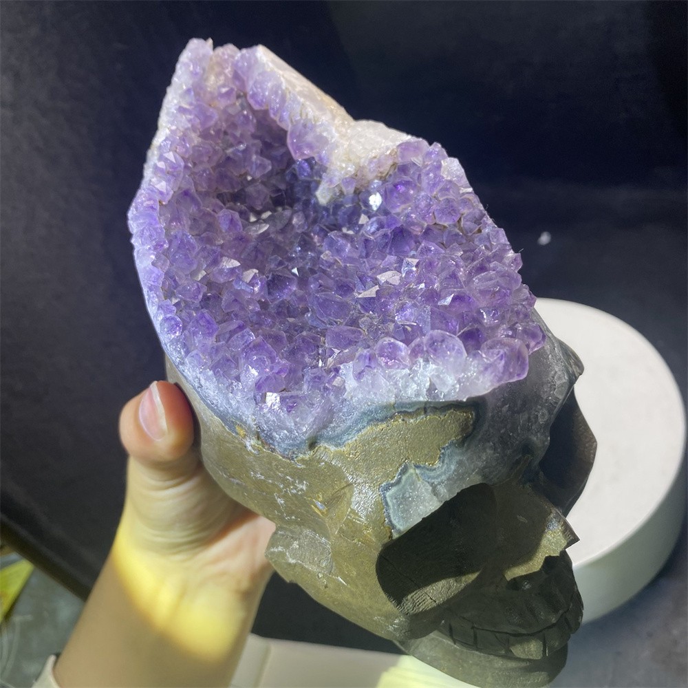 3.6LB 5.9″Natural A+Druzy Amethyst Skull Statue Crystal Reiki Carving Decor
