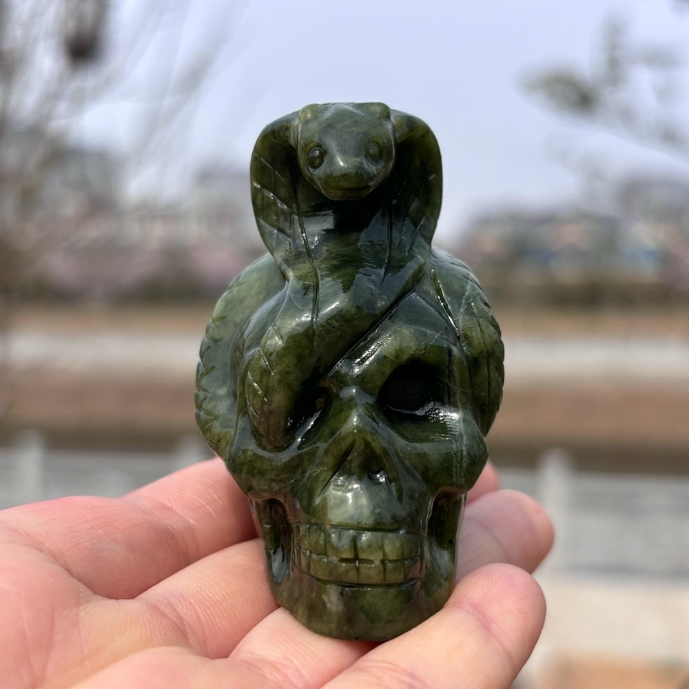 Natural Serpentine Quartz Snake Skull Carved Skull Crystal Healing Decor 1pc