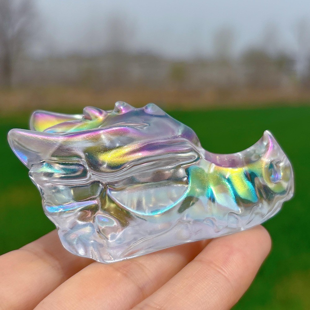 Rainbow Titanium White Melting Dragon Skull Crystal Carving Healing Decor Gift