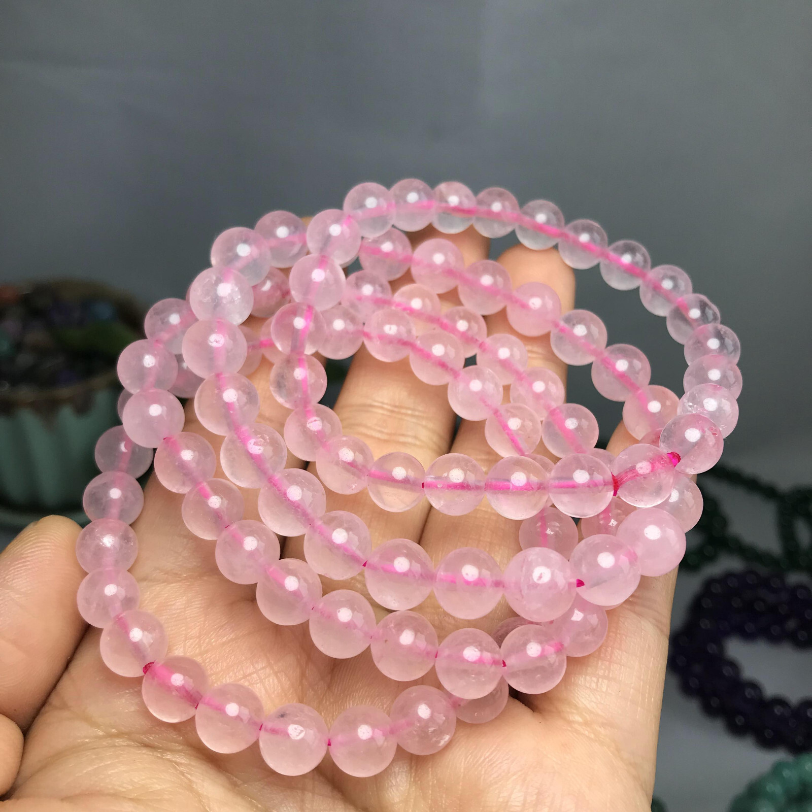 8mm-9mm Top Natural pink crystal gemstone Crystal chain beads bracelet 19g A5268