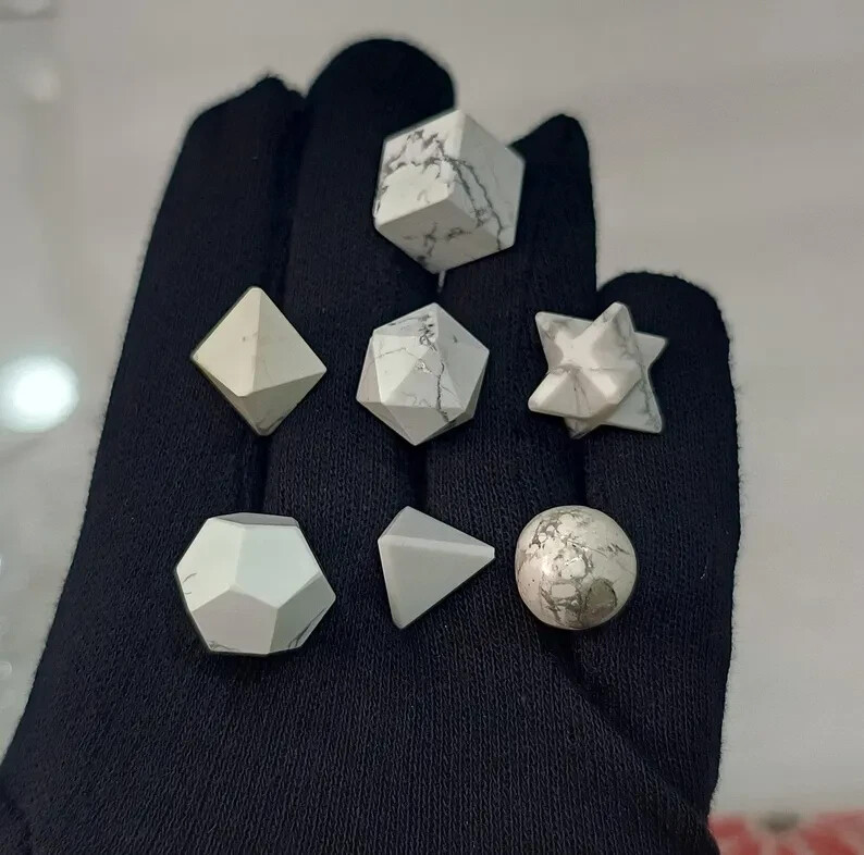 7pc White Howlite Platonic Solids Set Sacred Geometry Reiki Healing Crystal Grid