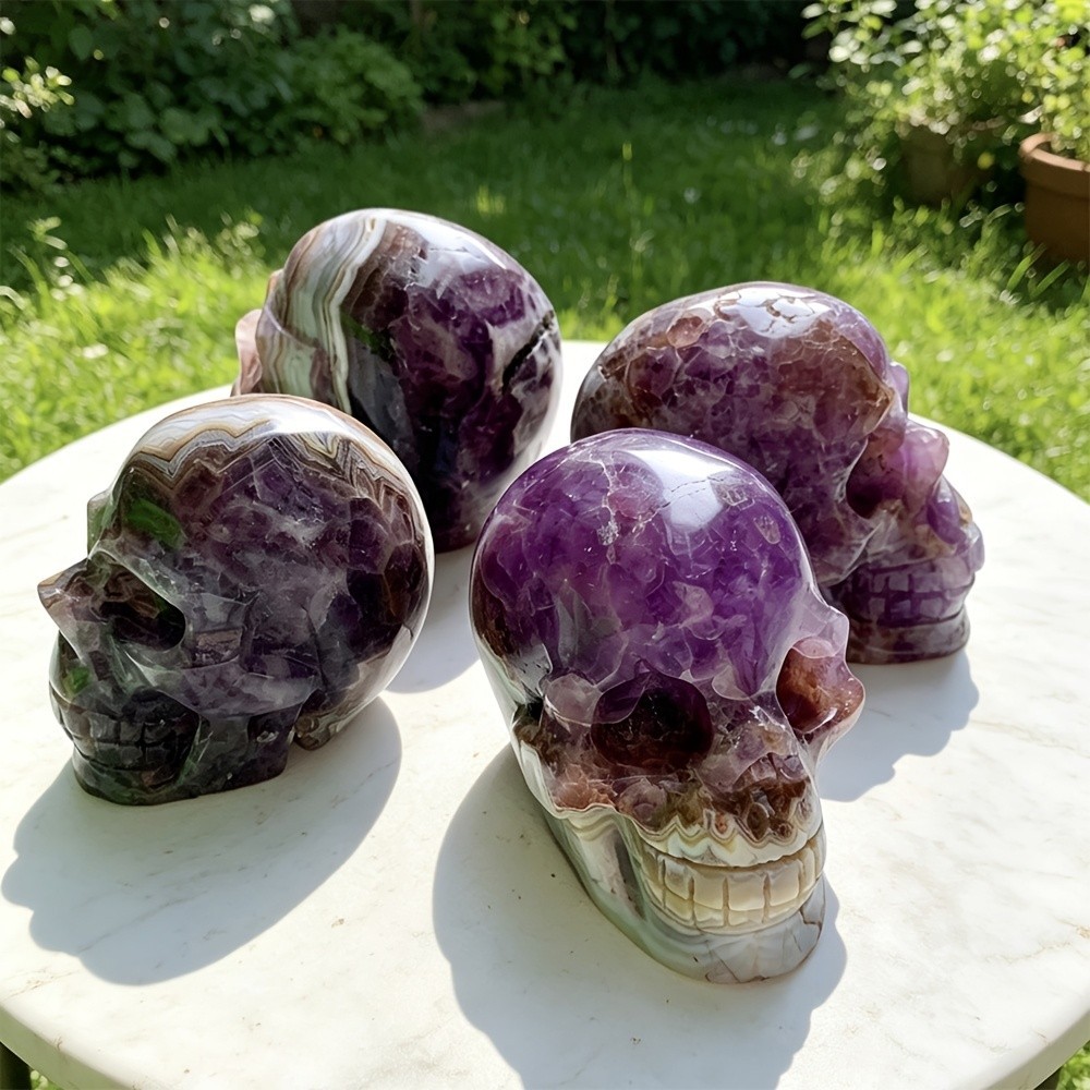 New！Natural Crystal Amethyst Agate Skulls Polished Good Pattern Office Decor