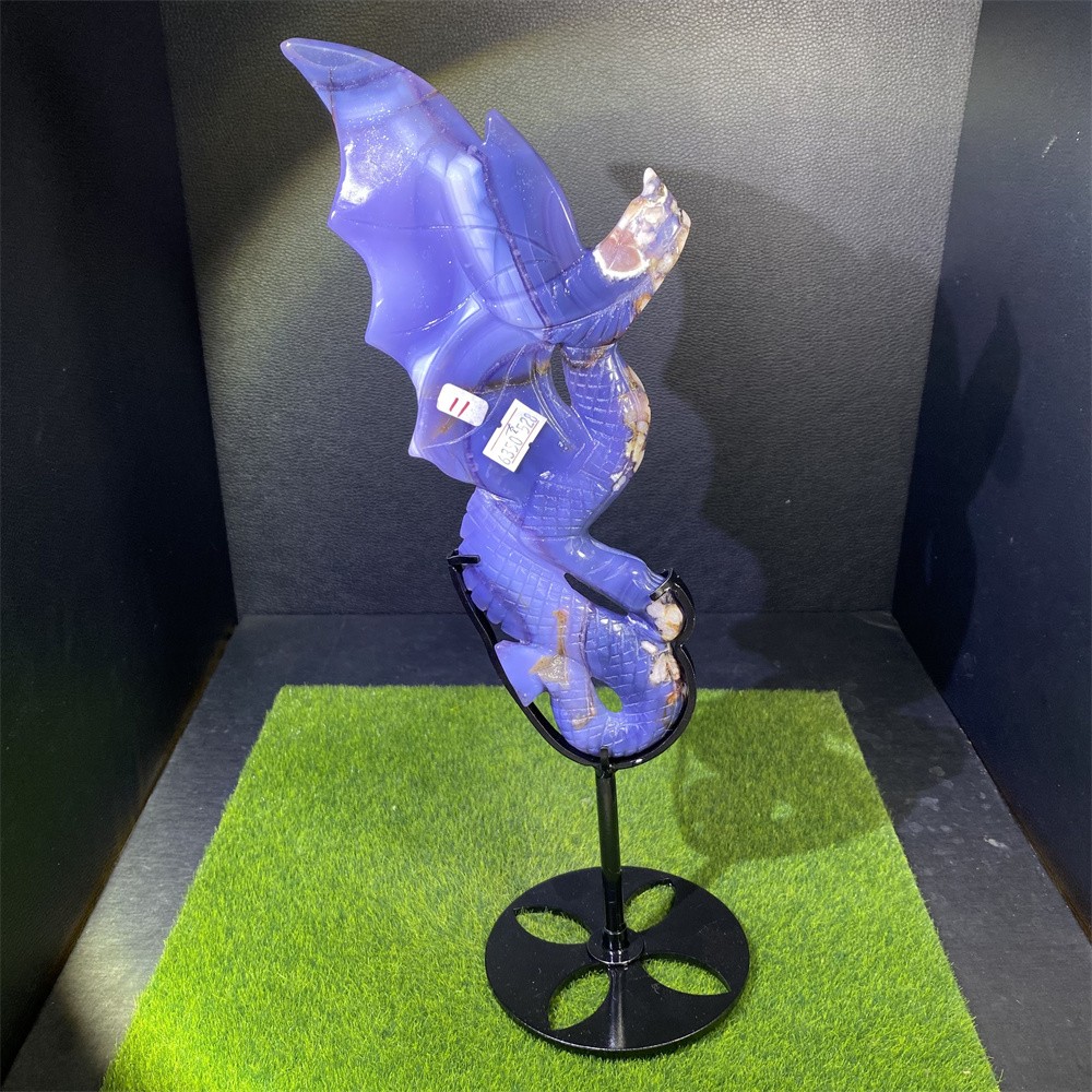 1.4LB 12.8″ A+Blue Flower Agate Dragon Statue Crystal Reiki Carving Quartz Decor