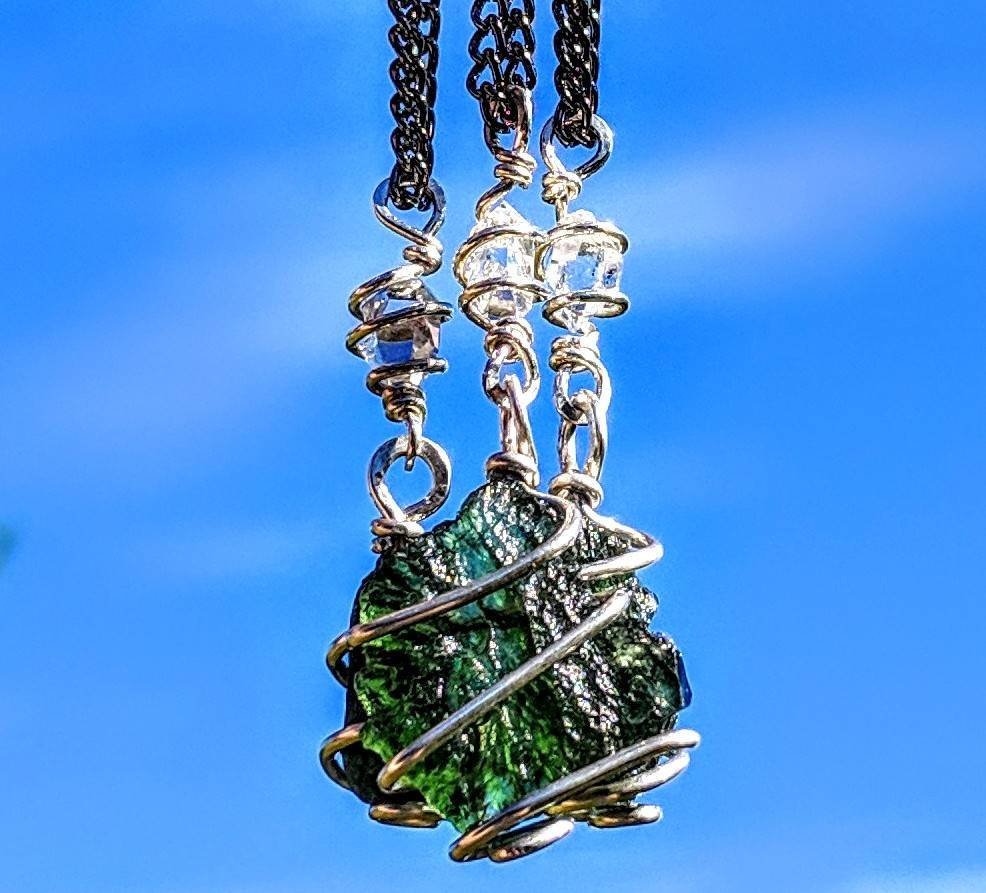 MOLDAVITE & HERKIMER DIAMOND Necklace. Tektite Crystal 925 Pendant Synergy 12