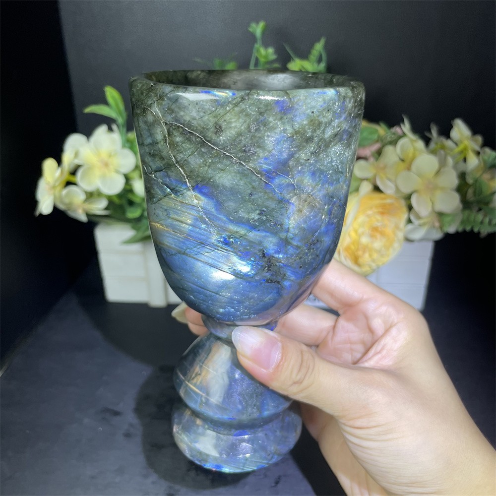 1.8LB 5.9″ Natural A+++Blue Flash Cup Carved Crystal Quartz Reiki Decor Reiki