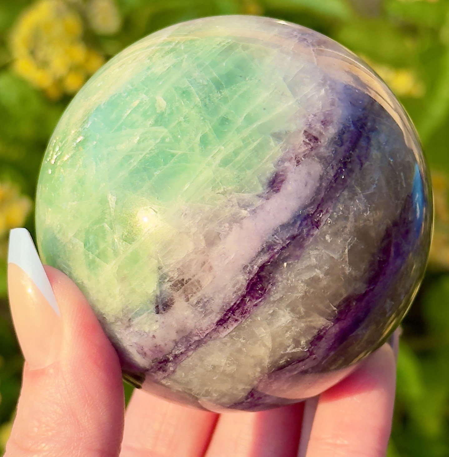 63mm Mint Green Purple Rainbow Fluorite Sphere With Mica Crystal Ball