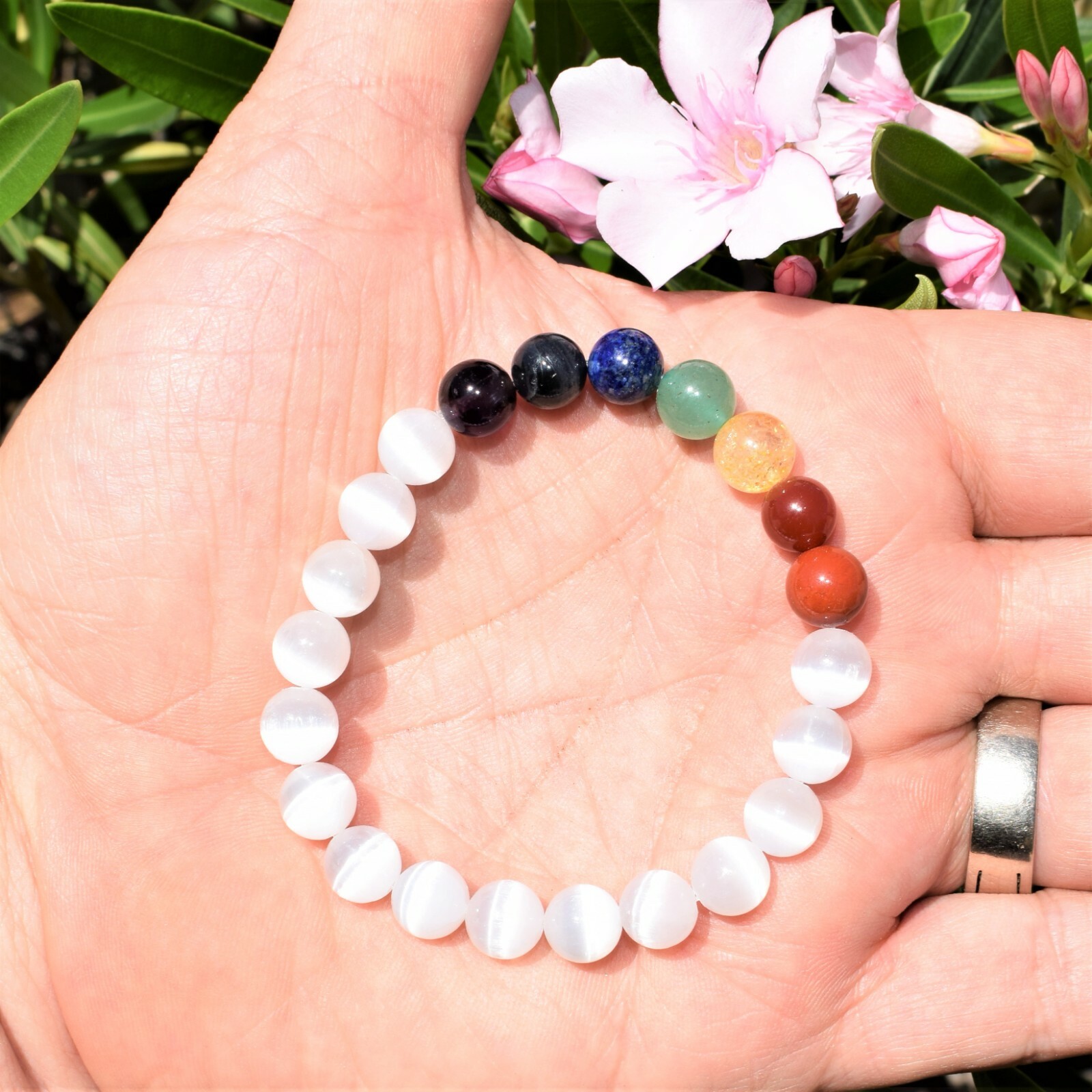 CHARGED 7 Chakra Selenite Crystal Stretchy Bracelet + Selenite Puffy Heart