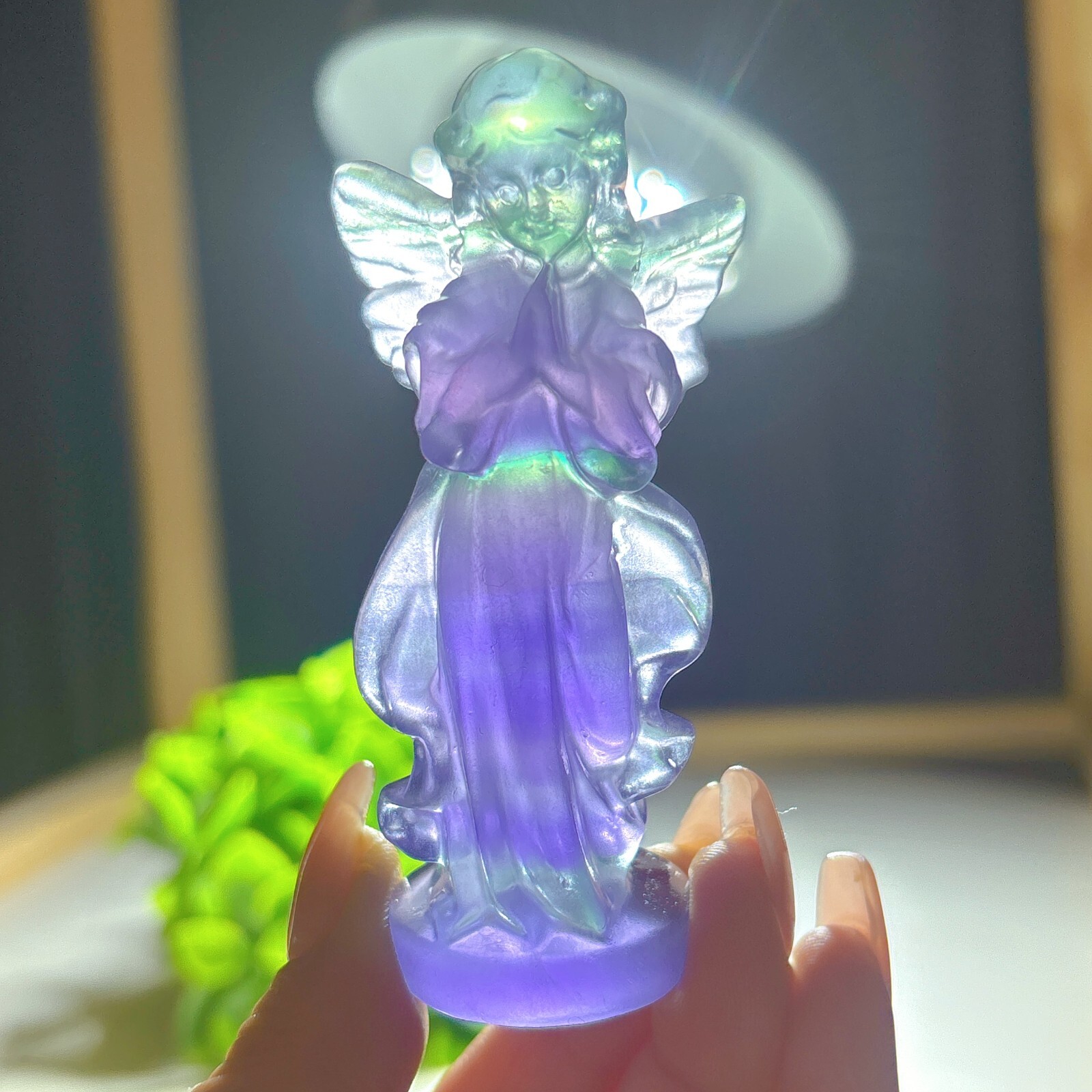 1PC Natural rainbow fluorite carving angel quartz crystal healing gift