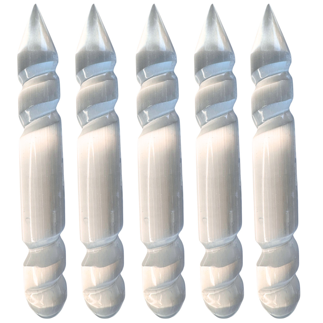 5 Pack XL 8″ Selenite Spiral Wands Thick Polished Crystal Towers Charging Cleans