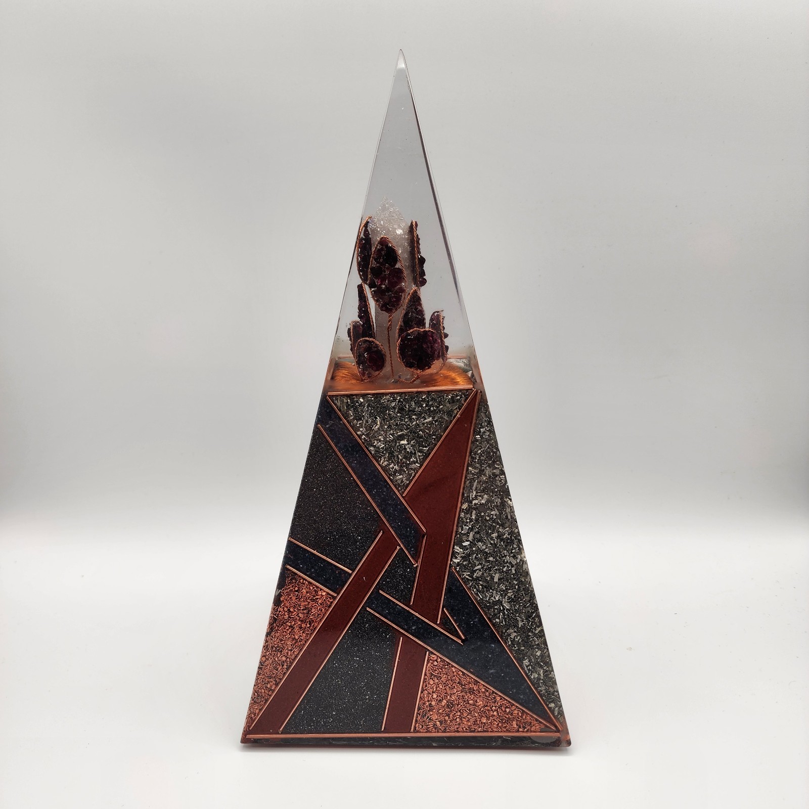 Handmade Orgonite Pyramid 11.75” Tall – Smoky Quartz Wand, Garnet, Red Jasper,