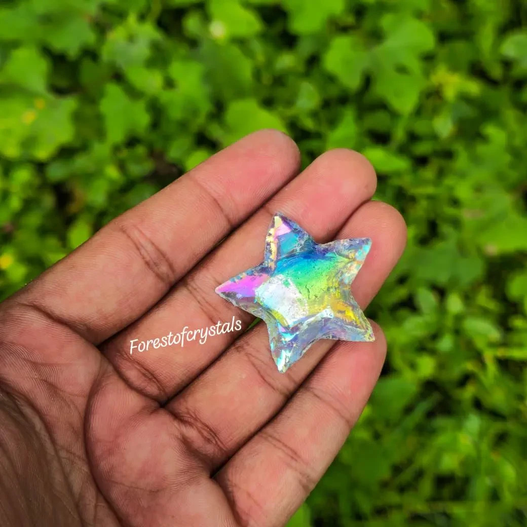 Angel Aura Quartz Crescent Star: Rainbow Titanium Coated Opalite Crystal