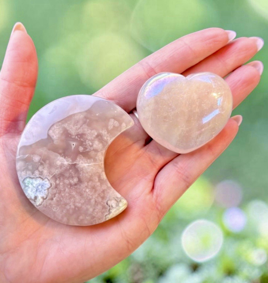 Pink Flower Agate Crescent Moon Set Aura Rose Quartz Heart Crystal Bundle 4pc