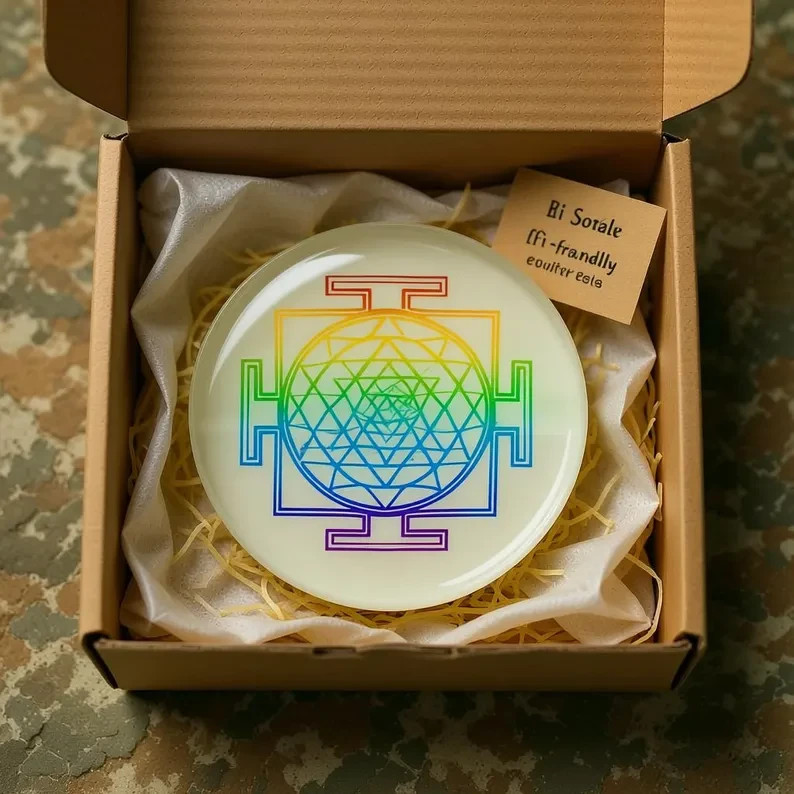 Rainbow Sri Yantra Resin Disc 2” | Sacred Geometry Plate | Chakra Alignment