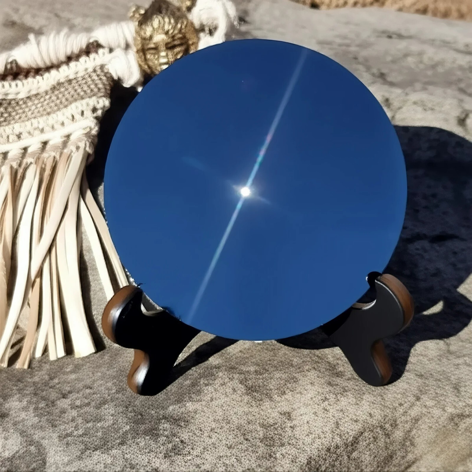 Genuine Obsidian Mirror Black Crystal Scrying Plate Home Decoration with Stand