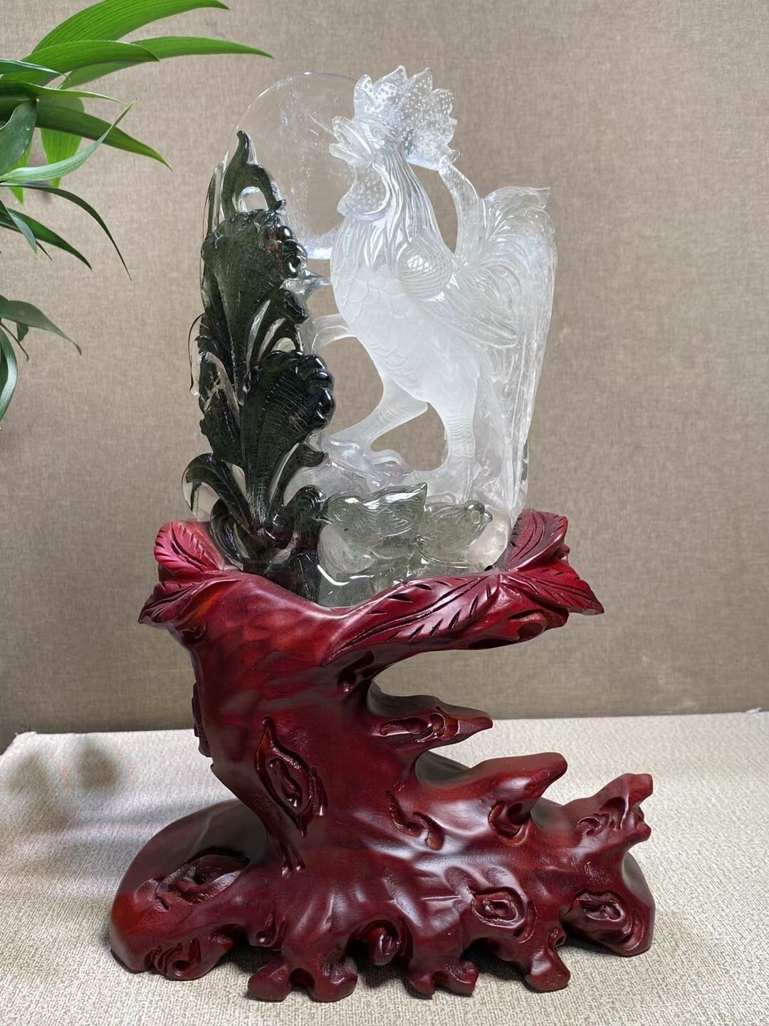 1398g top natural Green Ghost Rooster skull quartz crystal hand carved+stand