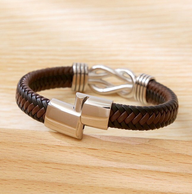 Men’s Leather Braided Silver Bracelet Wristband Stainless Steel Wrist Bangle