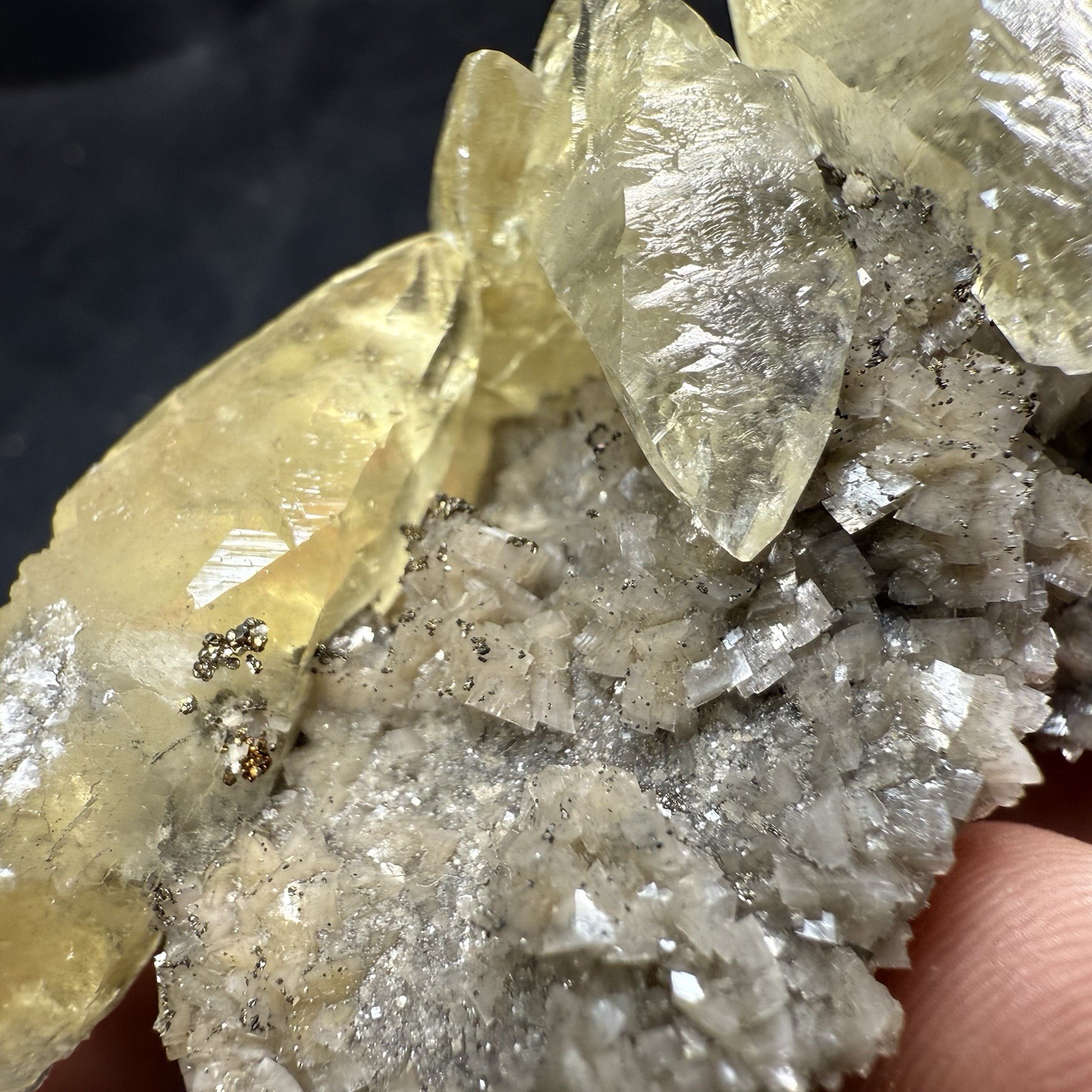 Golden Calcite Crystals on Chalcopyrite Dolomite Pyrite Matrix / Missouri