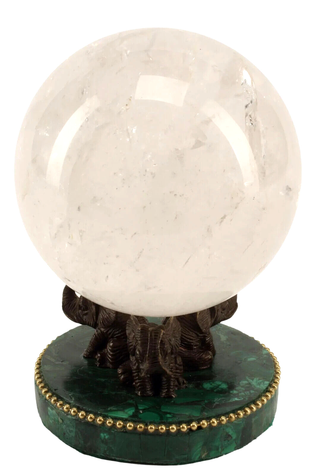 Rock Crystal Sphere On Malachite and Patinated Bronze Tiled Base, 7 Inches Tall!