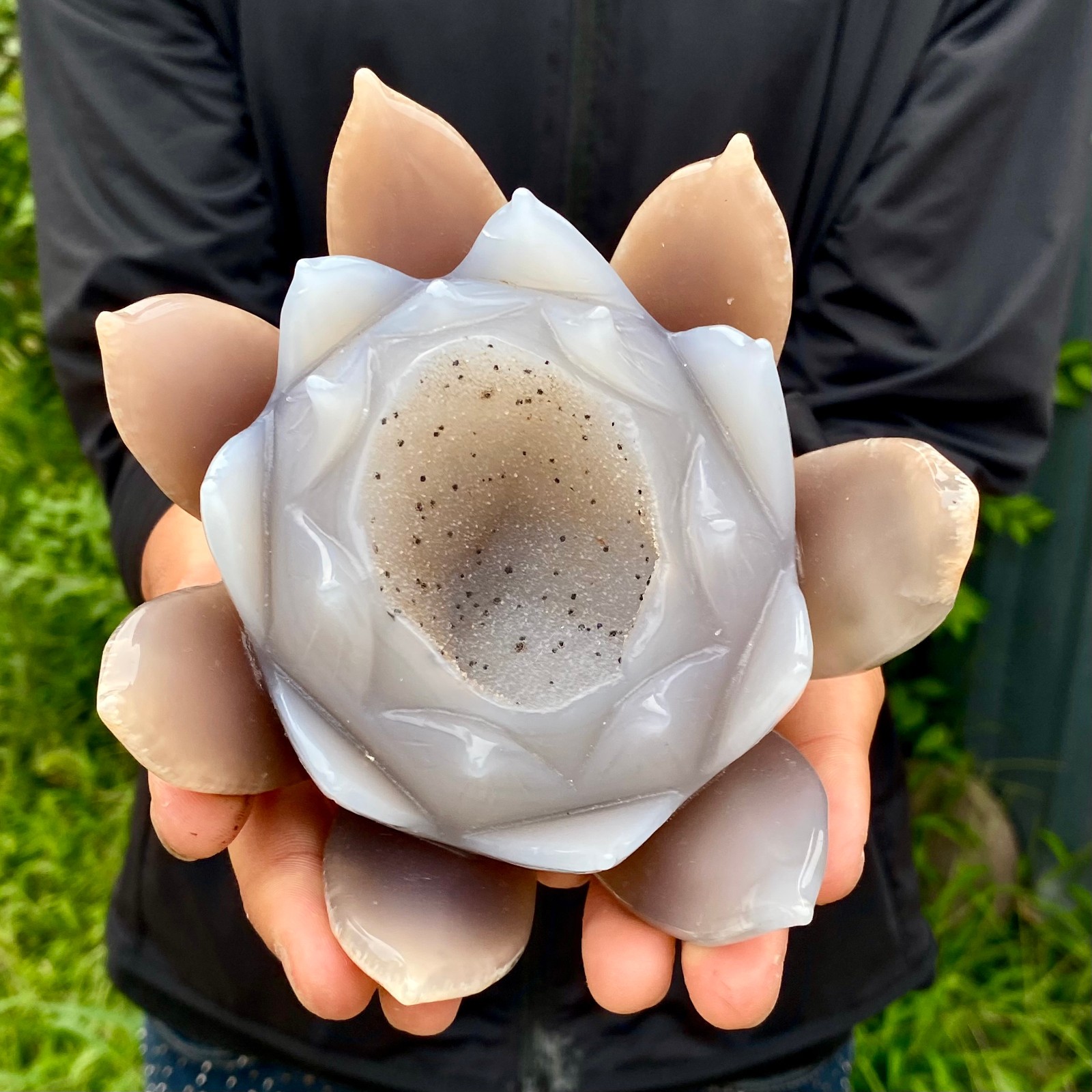 1.95LB Natural Agate Geode Carved Lotus Flower, Hand Carved Healing Crystal Home