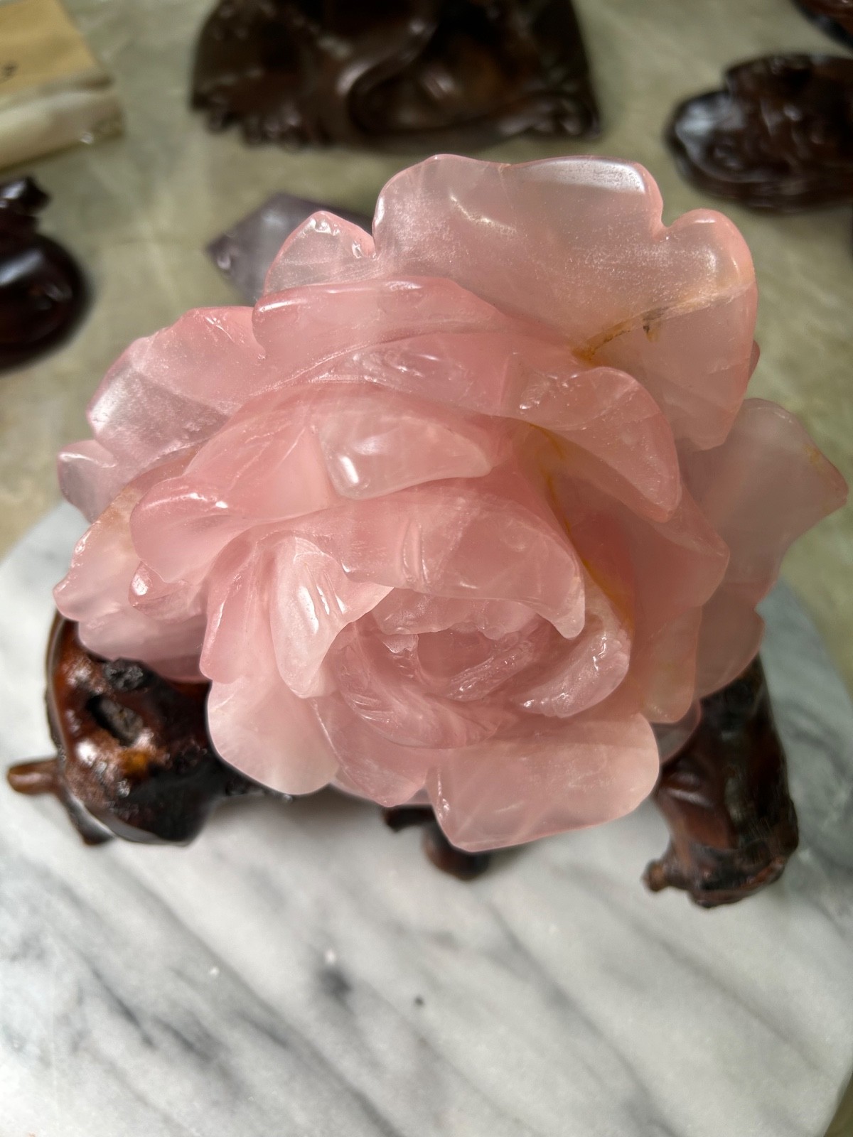 Rose Quartz Flower Rose carving on custom branch stand large