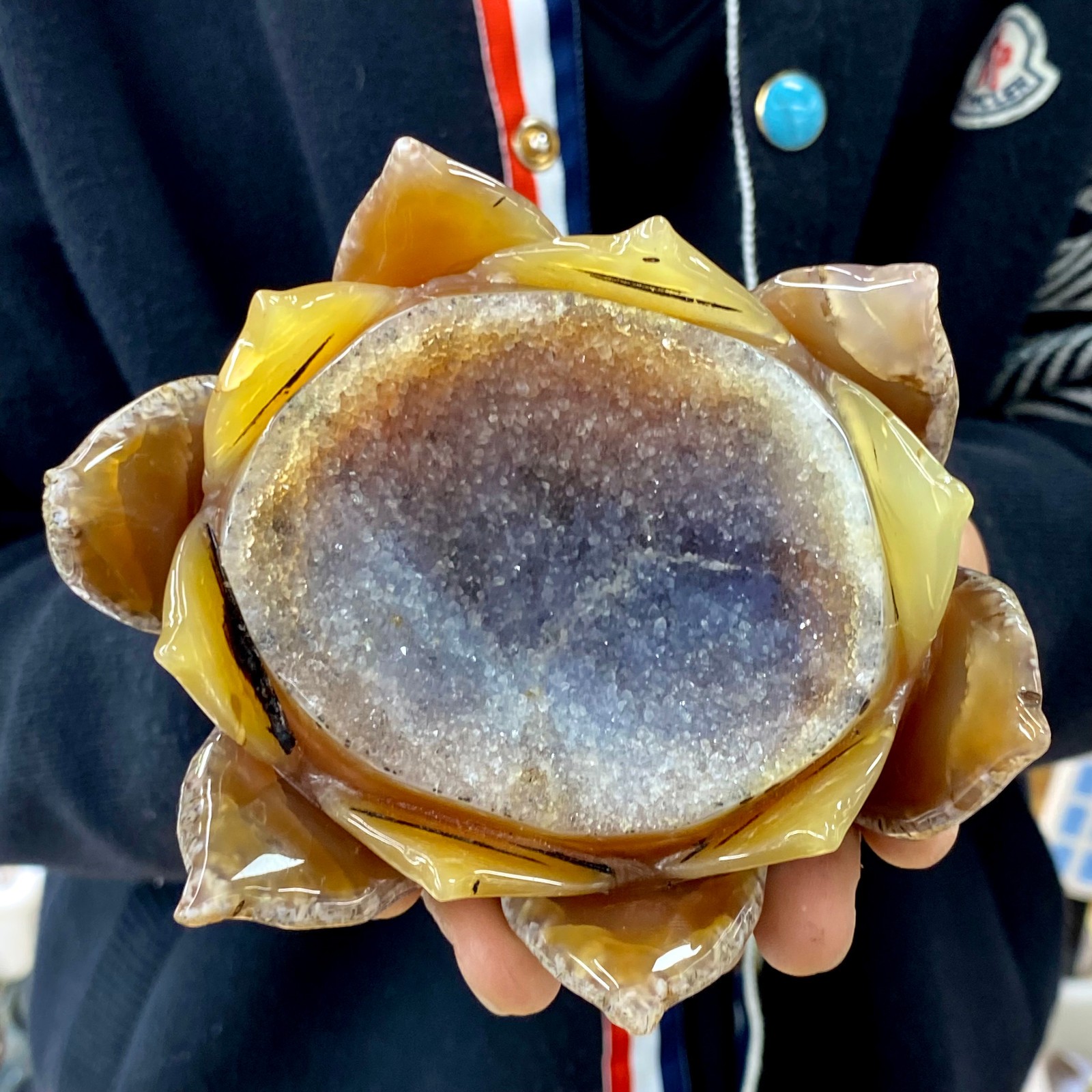 1.3LB Natural Agate Geode Carved Lotus Flower, Hand Carved Healing Crystal Home
