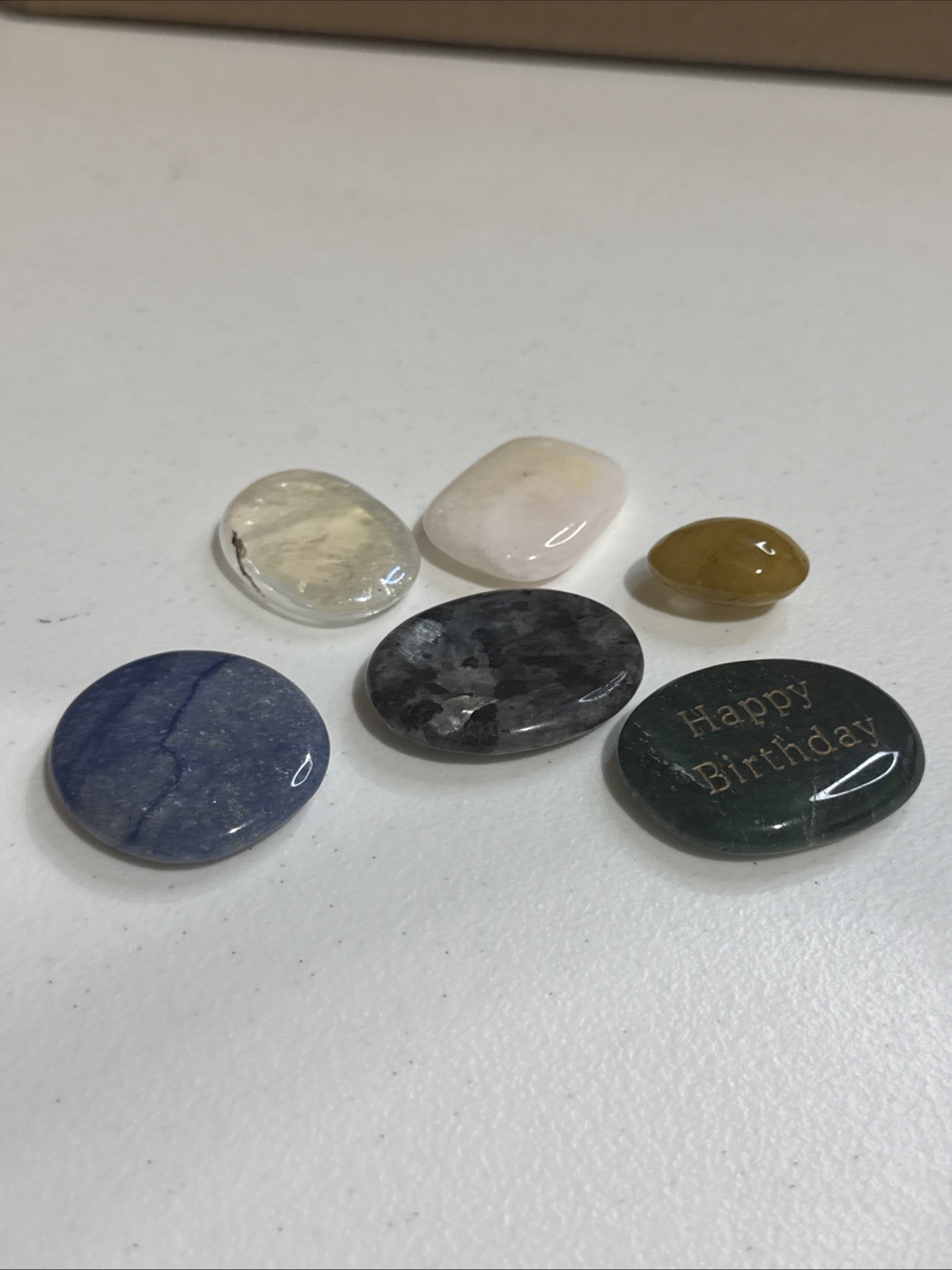 Lot of 6 Polished Stones – Mixed Colors, Engraved “Happy Birthday” Piece