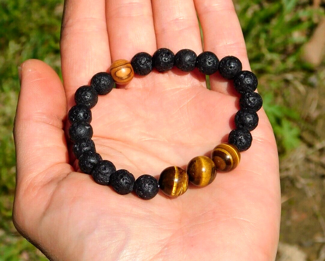 Tigers Eye and Black Lava Rock Bracelet Size 7 for Prosperity Focus Aromatherapy