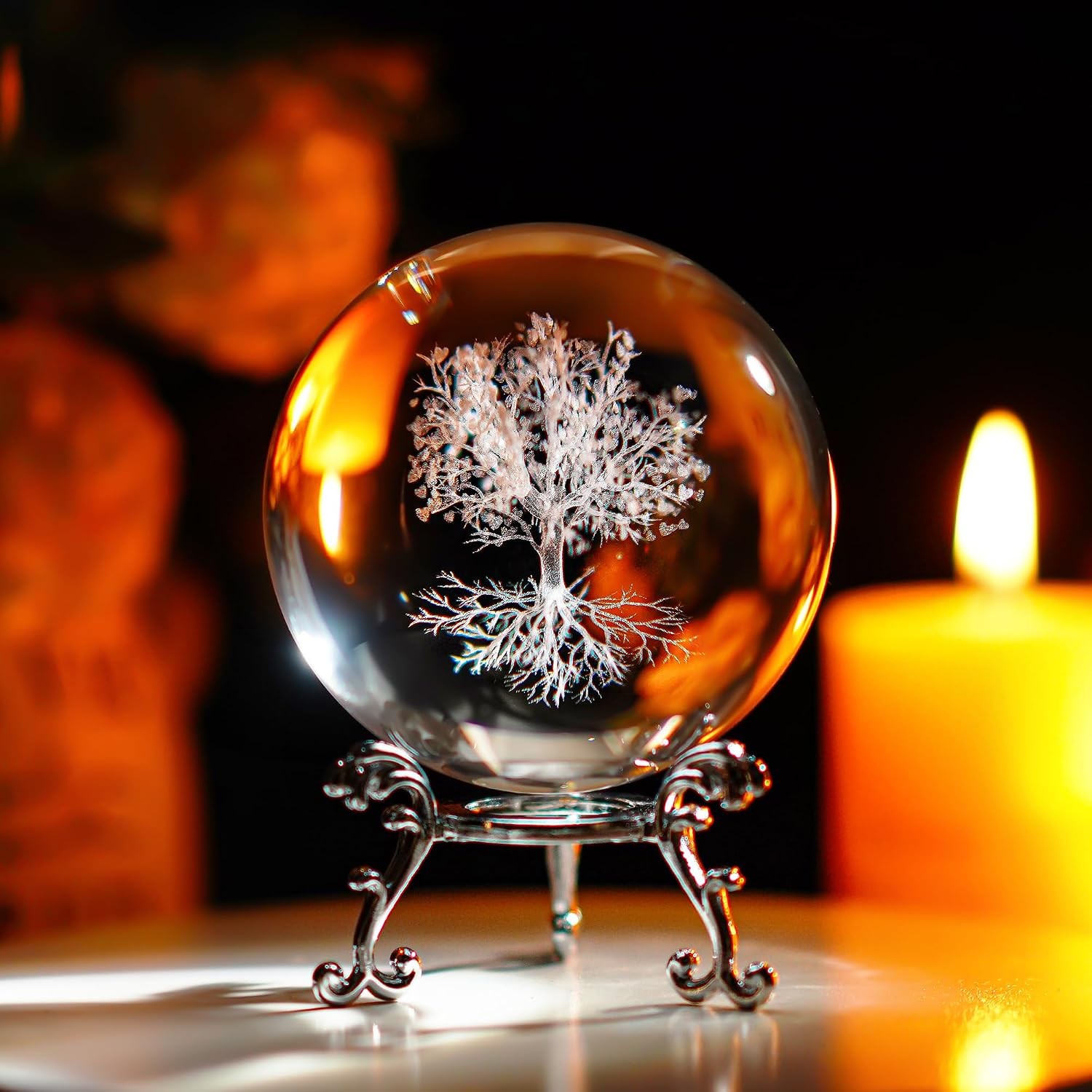 70mm Tree of Life K9 Crystal Ball with Stand 3D Laser Feng Shui Decor | K9 Cryst
